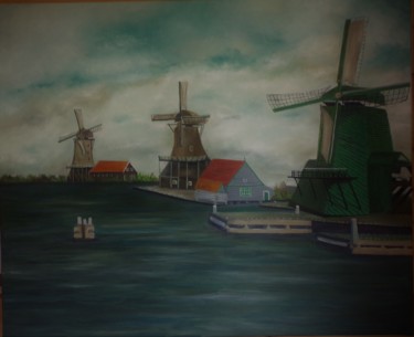 Malerei mit dem Titel "Moulins à vents" von Elisabeth Hunaut, Original-Kunstwerk, Öl