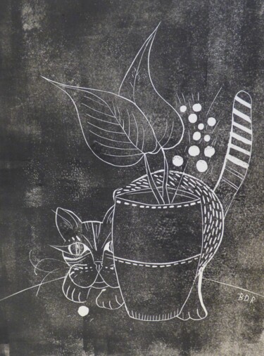 印花与版画 标题为“derrière le pot” 由Elisabeth Renard, 原创艺术品, Linocuts