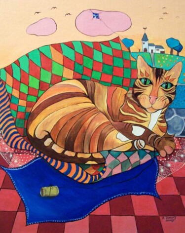 Peinture intitulée "le chat au cerf-vol…" par Elisabeth Renard, Œuvre d'art originale