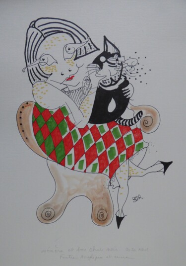 Tekening getiteld "Mémère et son chat…" door Elisabeth Renard, Origineel Kunstwerk, Inkt