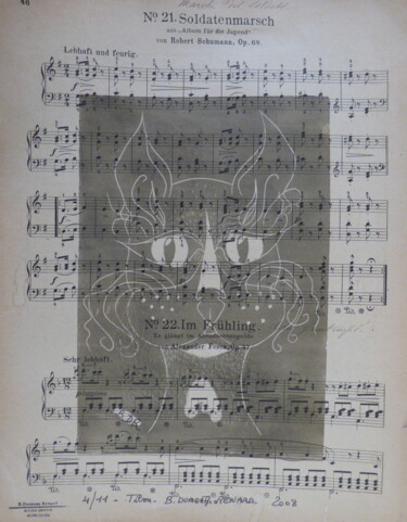 Druckgrafik mit dem Titel "TIBOU sur partition…" von Elisabeth Renard, Original-Kunstwerk, Linoldrucke