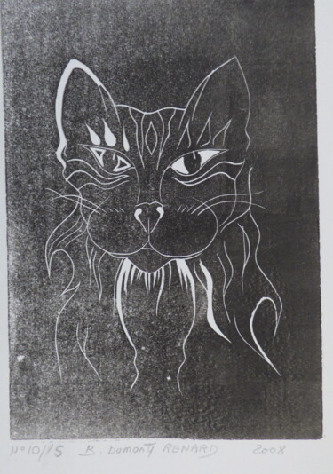 Impressões e gravuras intitulada "Le chat sage" por Elisabeth Renard, Obras de arte originais, Linoleogravura
