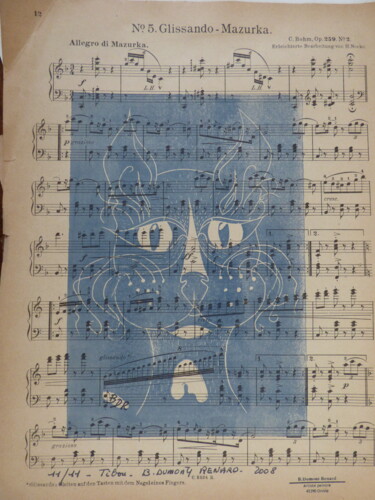 Impressões e gravuras intitulada "tibou bleu sur part…" por Elisabeth Renard, Obras de arte originais, Linoleogravura
