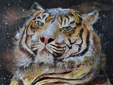 「tigre en hiver」というタイトルのコラージュ Elisabeth Renardによって, オリジナルのアートワーク, アクリル 段ボールにマウント