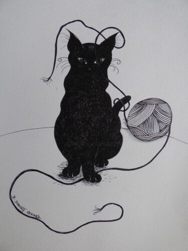 Dessin intitulée "Le chat et la pelot…" par Elisabeth Renard, Œuvre d'art originale, Encre