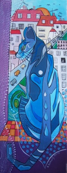 Peinture intitulée "Un chat bleu en vil…" par Elisabeth Renard, Œuvre d'art originale