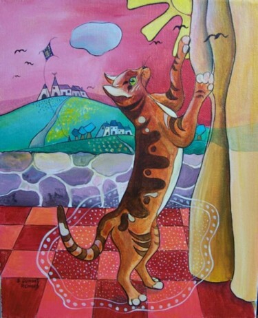 Painting titled "Le chat et le rideau" by Elisabeth Renard, Original Artwork