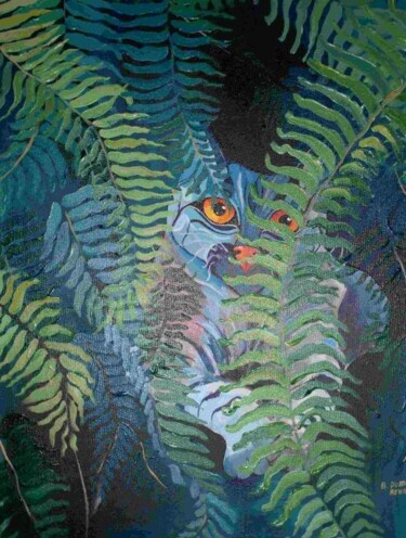 Pittura intitolato "le chat bleu sous l…" da Elisabeth Renard, Opera d'arte originale, Acrilico Montato su Telaio per barell…
