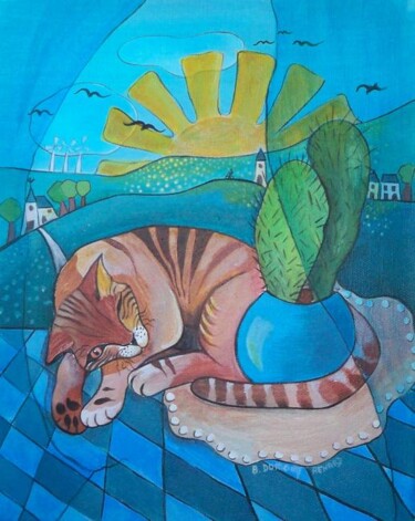Peinture intitulée "Le chat aux cactus" par Elisabeth Renard, Œuvre d'art originale, Huile