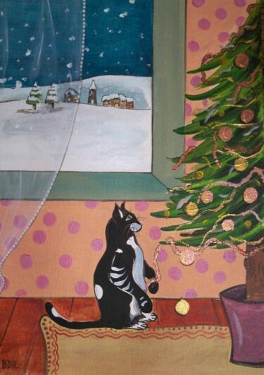 Peinture intitulée "Le chat au sapin (c…" par Elisabeth Renard, Œuvre d'art originale