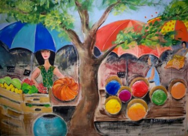 Pintura intitulada "un marché de proven…" por Elisabeth Renard, Obras de arte originais