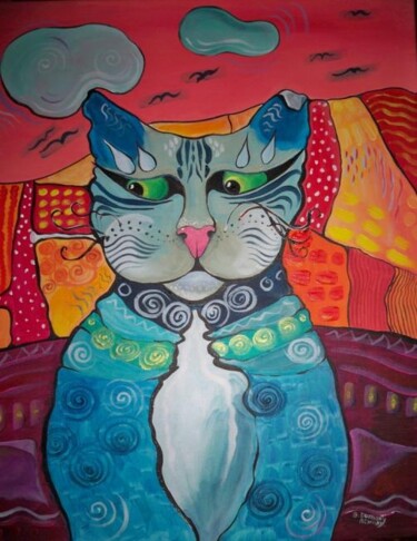 Peinture intitulée "Le chat au tricot" par Elisabeth Renard, Œuvre d'art originale, Acrylique Monté sur Châssis en bois