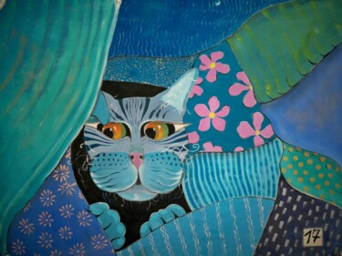 Pintura intitulada "chat caché dans les…" por Elisabeth Renard, Obras de arte originais, Outro