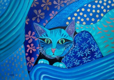 Peinture intitulée "Le chat bleu caché…" par Elisabeth Renard, Œuvre d'art originale, Huile