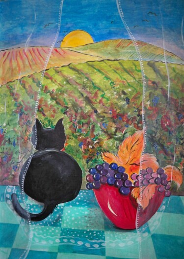 Painting titled "Le chat aux raisins" by Elisabeth Renard, Original Artwork, Oil