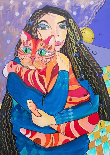 Картина под названием "la gitane au chat" - Elisabeth Renard, Подлинное произведение искусства, Акрил Установлен на Деревянн…