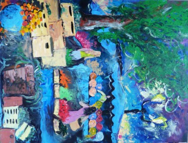 Painting titled "Marché en fin de jo…" by Elisabeth Renard, Original Artwork, Acrylic Mounted on Wood Panel