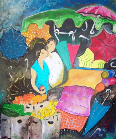 Peinture intitulée "Etal aux parapluies" par Elisabeth Renard, Œuvre d'art originale, Acrylique