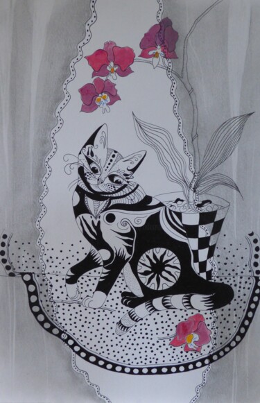 Drawing titled "Le chat aux orchidé…" by Elisabeth Renard, Original Artwork, Ink