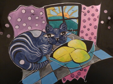 Painting titled "le chat aux 3 citro…" by Elisabeth Renard, Original Artwork, Acrylic