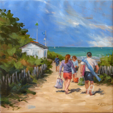 Malerei mit dem Titel "Arrivée à la plage" von Elisabeth Bazin, Original-Kunstwerk, Acryl