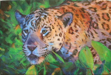 Painting titled "jaguar en chasse" by Elisabeth Bazin, Original Artwork, Acrylic