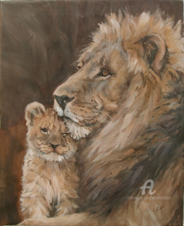 Malarstwo zatytułowany „père et son lionceau” autorstwa Elisabeth Bazin, Oryginalna praca, Akryl