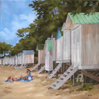 Painting titled "Cabines de plage à…" by Elisabeth Bazin, Original Artwork, Acrylic