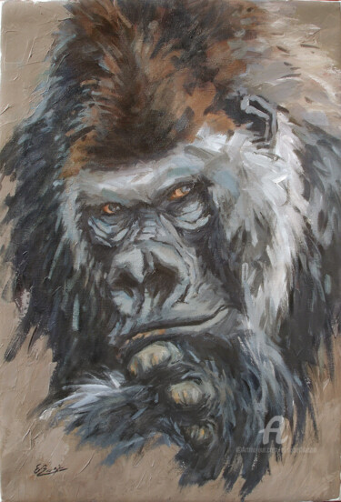 Peinture intitulée "Gorille perplexe" par Elisabeth Bazin, Œuvre d'art originale, Acrylique