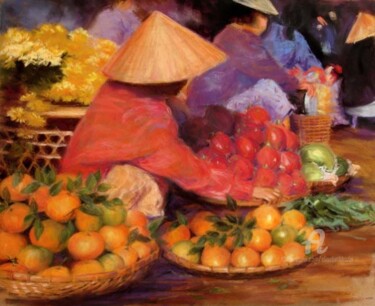 Pintura intitulada "Marché de Ben Thanh…" por Elisabeth Bazin, Obras de arte originais, Óleo