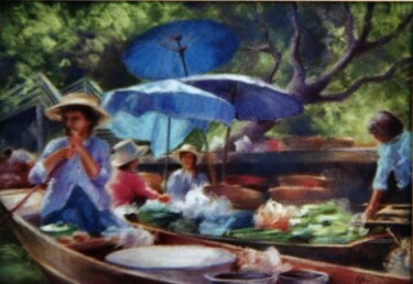 Peinture intitulée "marché flottant en…" par Elisabeth Bazin, Œuvre d'art originale, Huile