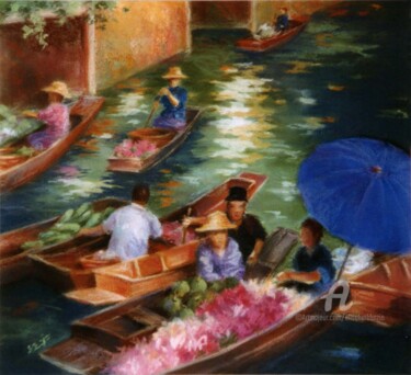 Schilderij getiteld "Le marché flottant…" door Elisabeth Bazin, Origineel Kunstwerk, Pastel