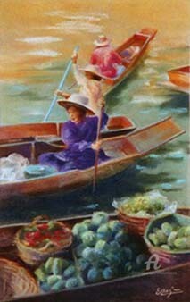 Painting titled "Marché flottant au…" by Elisabeth Bazin, Original Artwork, Oil