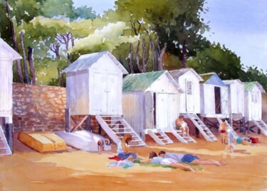 Painting titled "Les cabanes et la b…" by Elisabeth Bazin, Original Artwork, Oil