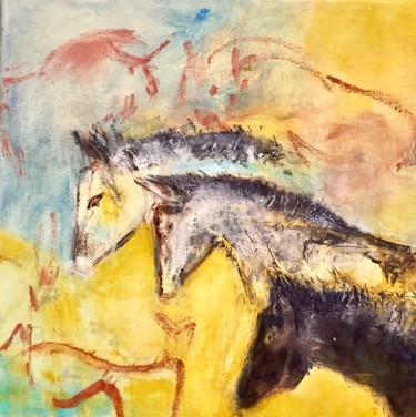 Malerei mit dem Titel "chevaux et bisons" von Elisabeth Pierret, Original-Kunstwerk, Acryl Auf Keilrahmen aus Holz montiert