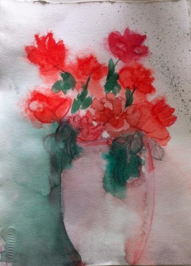 Painting titled "vaso di rose rosse" by Elisabetta Grappasonni, Original Artwork, Watercolor