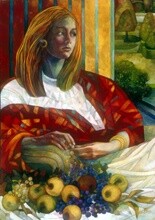 Pittura intitolato "Donna seduta con fr…" da Elisabetta Trevisan, Opera d'arte originale