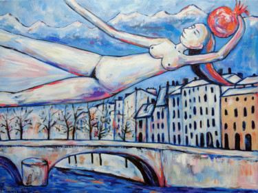 Painting titled "GIRL flying over th…" by Elisaveta Sivas, Original Artwork, Oil Mounted on Wood Stretcher frame