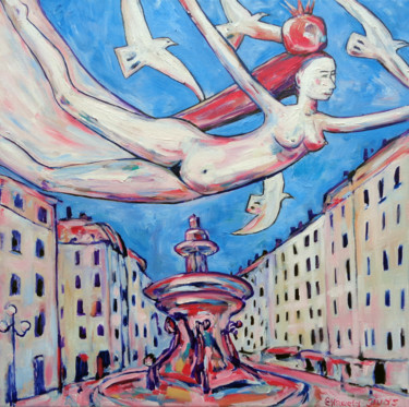 Painting titled "GIRL FLYING WITH WH…" by Elisaveta Sivas, Original Artwork, Oil Mounted on Wood Stretcher frame