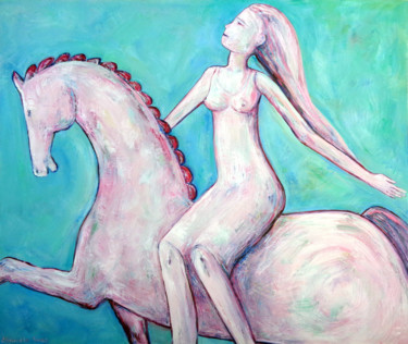 Painting titled "GIRL ON THE HORSE" by Elisaveta Sivas, Original Artwork, Oil Mounted on Wood Stretcher frame