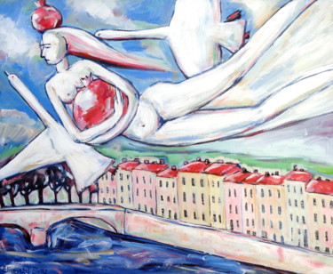 Painting titled "WOMAN FLYING WITH G…" by Elisaveta Sivas, Original Artwork, Oil Mounted on Wood Stretcher frame
