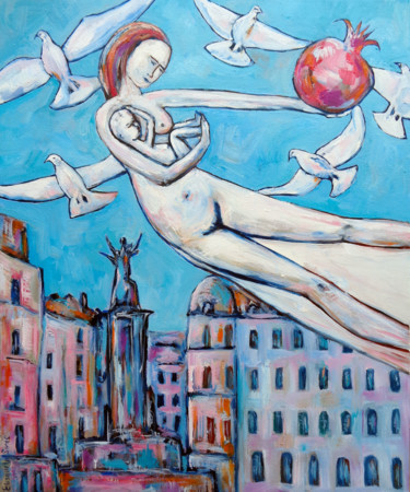 Schilderij getiteld "GIRL FLYING WITH BA…" door Elisaveta Sivas, Origineel Kunstwerk, Olie Gemonteerd op Frame voor houten b…