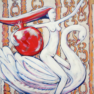 Painting titled "GIRL WITH SWAN BRIN…" by Elisaveta Sivas, Original Artwork, Oil Mounted on Wood Stretcher frame