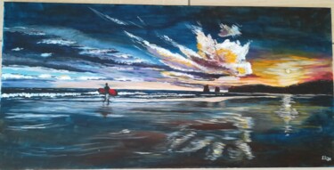 Painting titled "Le surfeur et les d…" by Elise Broca, Original Artwork, Acrylic Mounted on Wood Stretcher frame