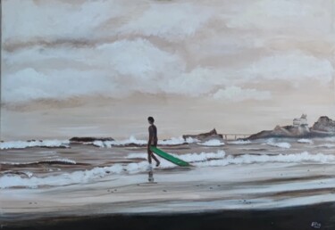 Painting titled "Le surfeur vert" by Elise Broca, Original Artwork, Acrylic Mounted on Wood Stretcher frame