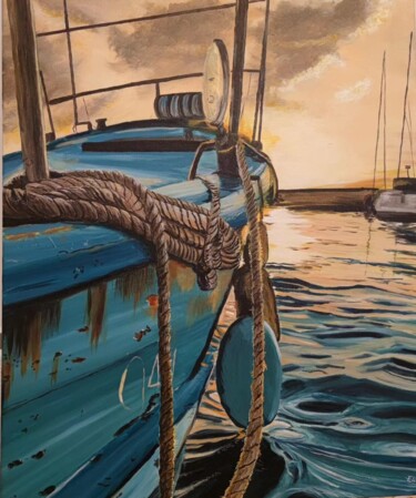 Malerei mit dem Titel "Bateau au port" von Elise Broca, Original-Kunstwerk, Acryl Auf Keilrahmen aus Holz montiert