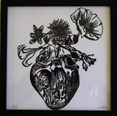 Druckgrafik mit dem Titel "coeur fleuri" von Elise De Witte, Original-Kunstwerk, Linoldrucke