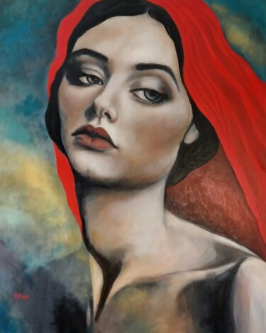 Картина под названием "Foulard rouge" - Elise Milano, Подлинное произведение искусства, Масло