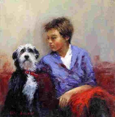Painting titled "A Boy and his Dog" by Elise Savage, Original Artwork, Oil