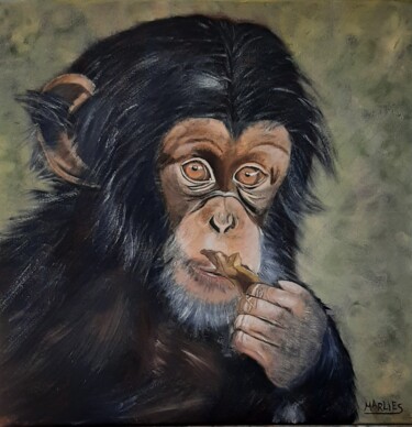 Painting titled "Chimpansee" by Elise Wouters, Original Artwork, Oil